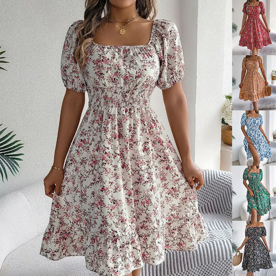 Floral Print Square Collar Dress Summer Fashion Ruffles Dresses Women&