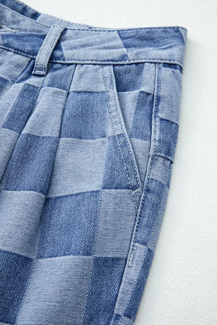 Dusk Blue Checkered Denim Wide Leg Jeans The Aurora Touch