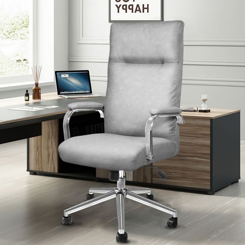 Executive Stylish White Leather Office Chair High Back with Gold Arms and Wheels | Excellent Back Support