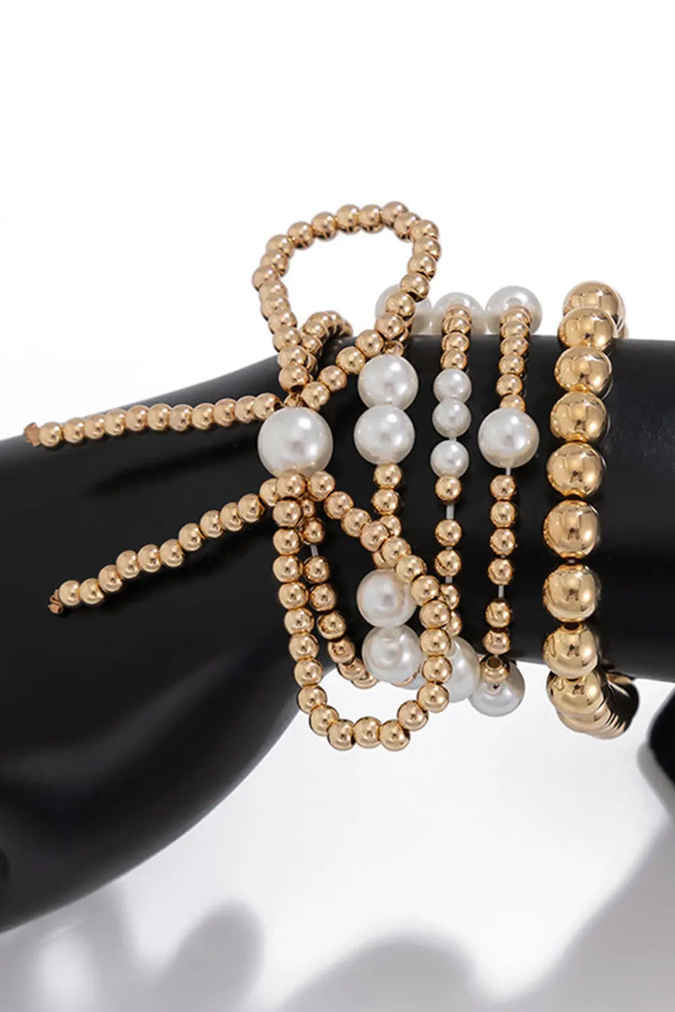 Gold Bow Knot Pearl Beaded Multi Layered Bracelet Set The Aurora Touch