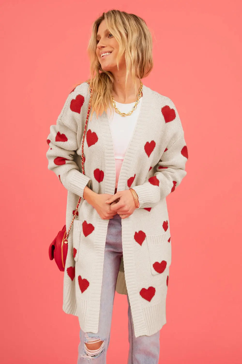 Heart Graphic Open Front Cardigan with Pockets The Aurora Touch