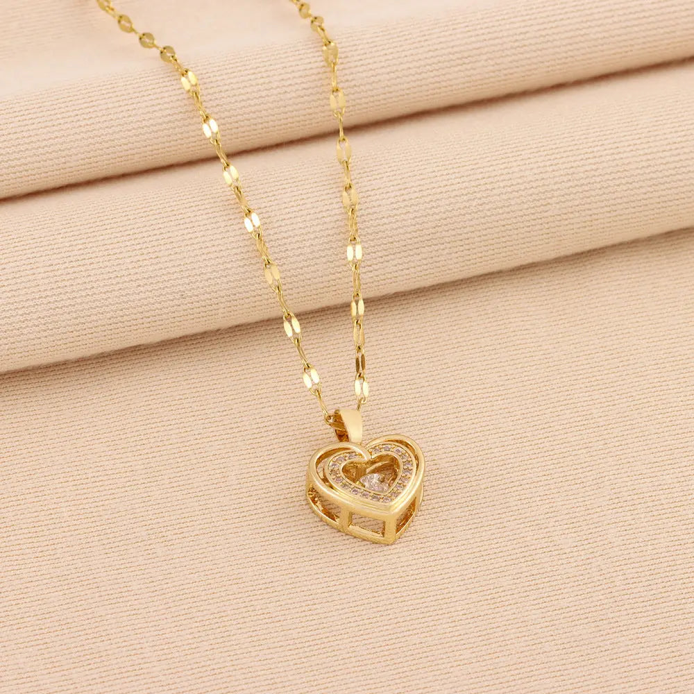 Double-layer Love Necklace With Rhinestones |Titanium Steel Pendant Fashion Jewelry The Aurora Touch