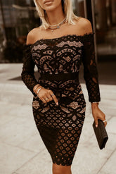 Sexy Black Off-Shoulder Long Sleeve Lace Dress- Special Occassion Wear Trendsi