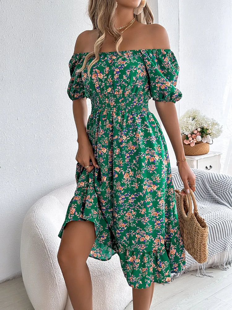 Floral Print Square Collar Dress Summer Fashion Ruffles Dresses Women&