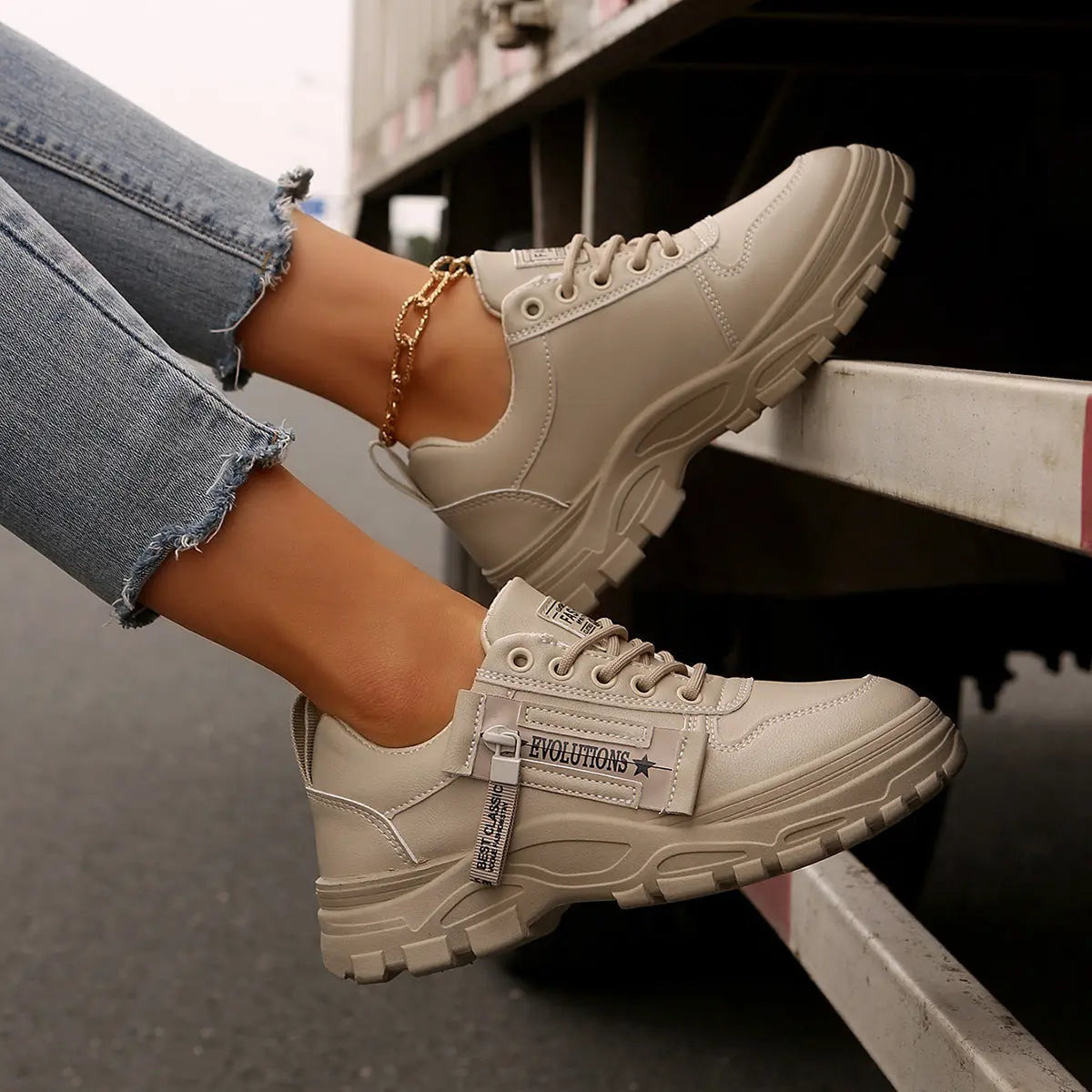 Lace-up Sports Shoes With Side-Zipper Design | Fashion Thick-soled Round-toe Casual Shoes For Women Sneakers CJ