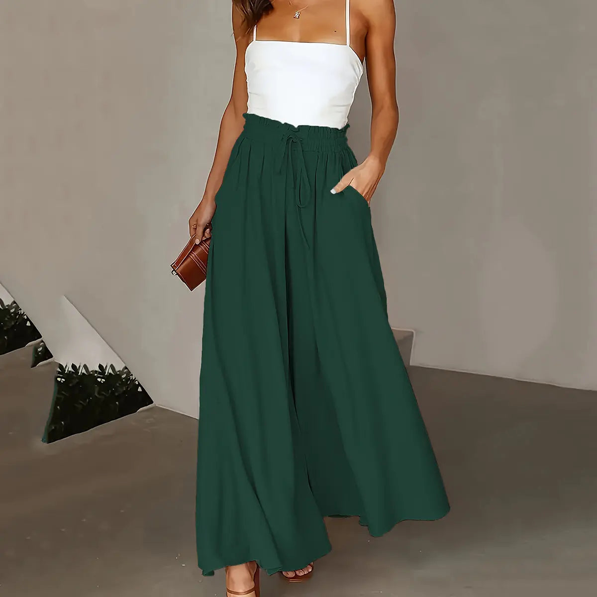 Plus Size Wide Leg Pants - Stylish Solid Paper Bag Waist Design, Elegant Pocket Tie Front, Loose Fit  Comfort CJ