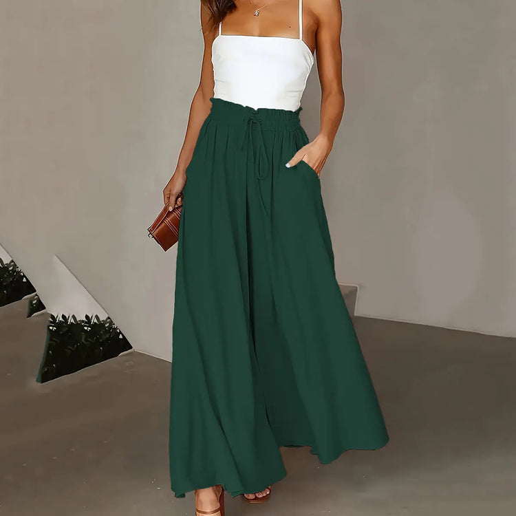 Plus Size Wide Leg Pants - Stylish Solid Paper Bag Waist Design, Elegant Pocket Tie Front, Loose Fit  Comfort CJ
