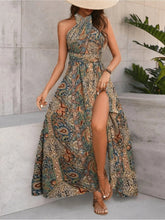 Women Print Maxi Dress High Waisted Cross Halter Neck With Tie Detail,Flowing Vacation Gown In Teal, Blue-Green & Brown Paisley   Pattern, Machine Washable, Summer Fashion Decorative Tie Detail The Aurora Touch