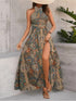 Women Print Maxi Dress High Waisted Cross Halter Neck With Tie Detail,Flowing Vacation Gown In Teal, Blue-Green & Brown Paisley   Pattern, Machine Washable, Summer Fashion Decorative Tie Detail The Aurora Touch