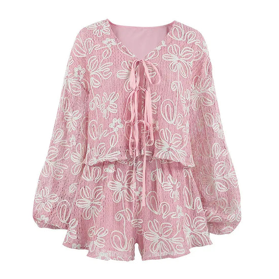 Long Sleeve Lace Up Top and Shorts Set