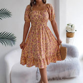 Floral Print Square Collar Dress Summer Fashion Ruffles Dresses Women&
