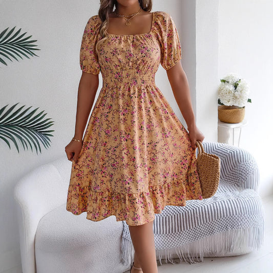 Vestido de cuello cuadrado con estampado floral, moda de verano, vestidos con volantes, ropa de mujer