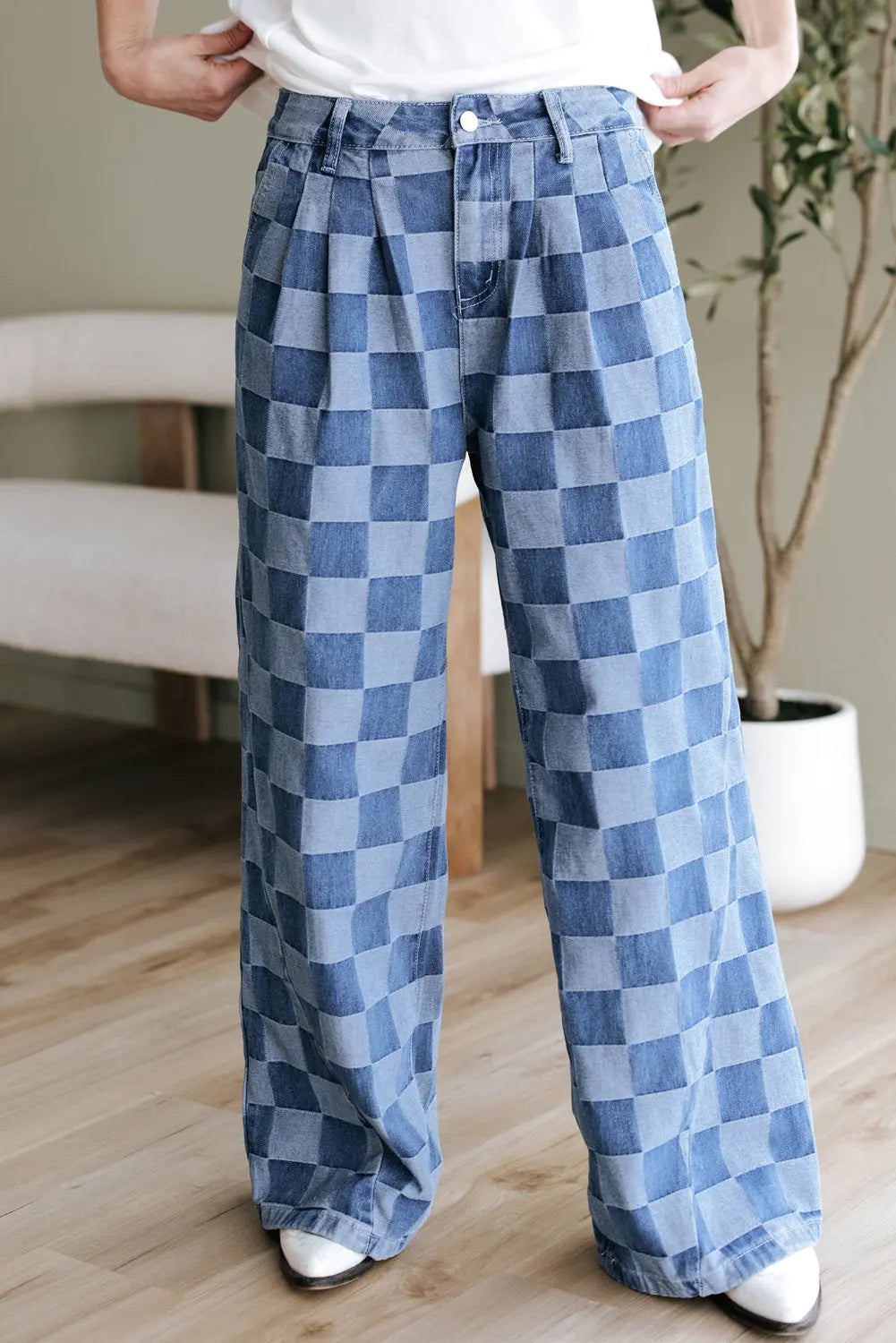 Dusk Blue Checkered Denim Wide Leg Jeans The Aurora Touch