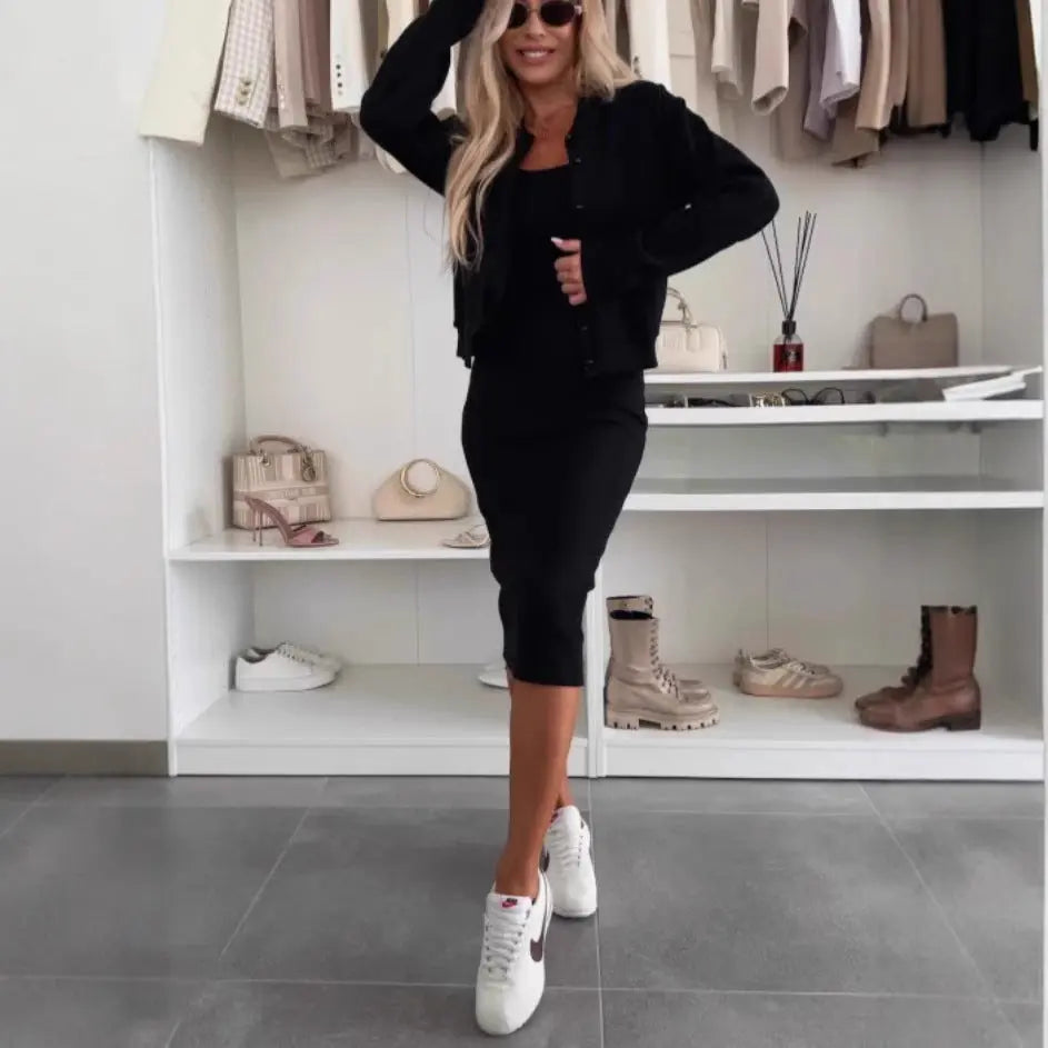 Solid Color Sling Dress Cardigan Outerwear Top Long Skirt Two-piece Set The Aurora Touch