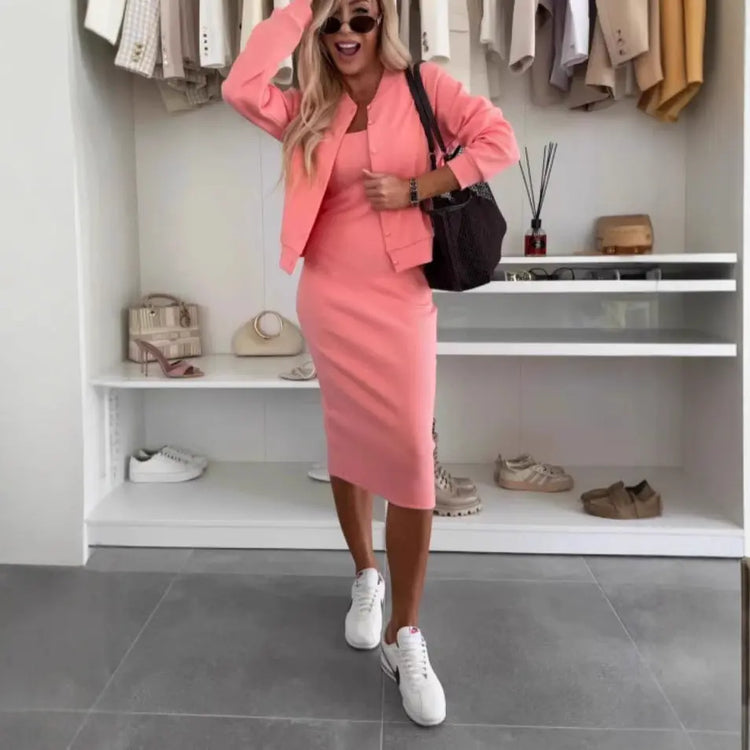 Solid Color Sling Dress Cardigan Outerwear Top Long Skirt Two-piece Set The Aurora Touch
