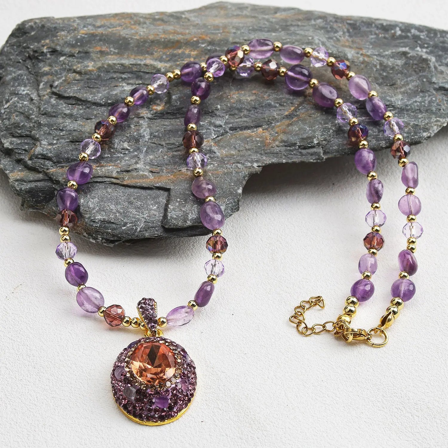 Boho Natural Stone Knotted Crystal Necklace CJ