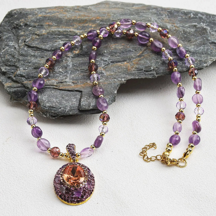 Boho Natural Stone Knotted Crystal Necklace CJ