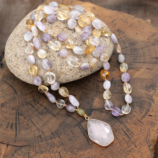 Boho Natural Stone Knotted Crystal Necklace CJ