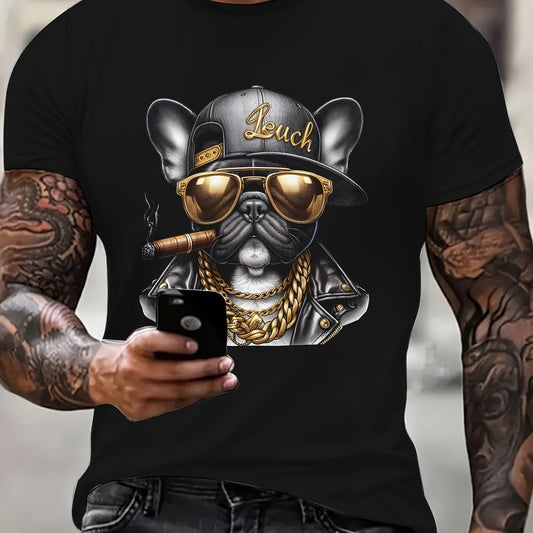 Cool Hip-hop Dog Gold Chain Pattern Print, Men's Round Neck Short Sleeved T-shirt, Casual Men's Top