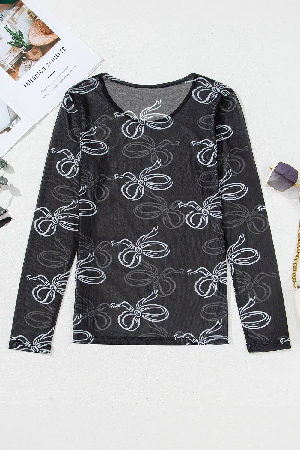 Black Round Neck Bow Print Long Sleeve Mesh Top The Aurora Touch