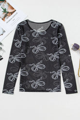 Black Round Neck Bow Print Long Sleeve Mesh Top The Aurora Touch