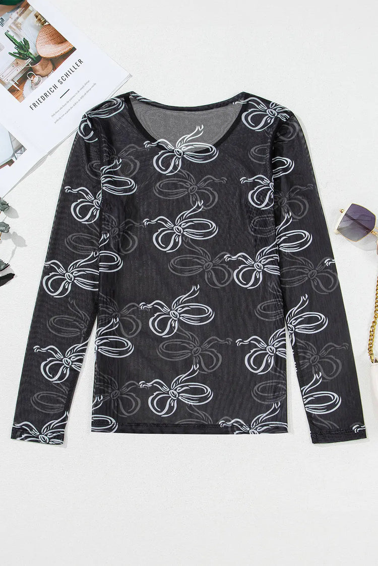 Black Round Neck Bow Print Long Sleeve Mesh Top The Aurora Touch