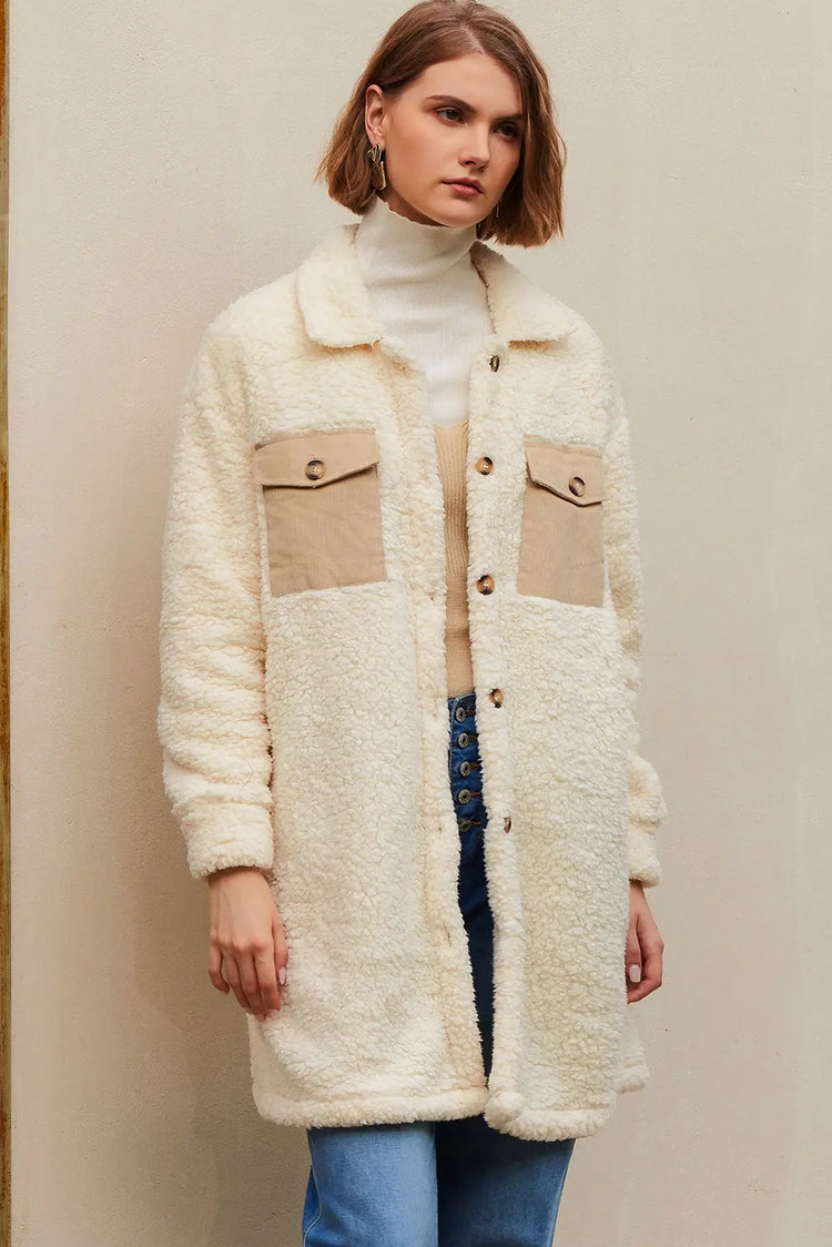 Beige Contrast Flap Pocket Single Breasted Teddy Coat Dear-Lover Dropshipping