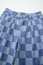 Dusk Blue Checkered Denim Wide Leg Jeans The Aurora Touch