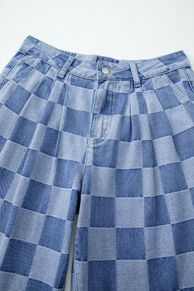 Dusk Blue Checkered Denim Wide Leg Jeans The Aurora Touch