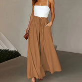 Plus Size Wide Leg Pants - Stylish Solid Paper Bag Waist Design, Elegant Pocket Tie Front, Loose Fit  Comfort CJ