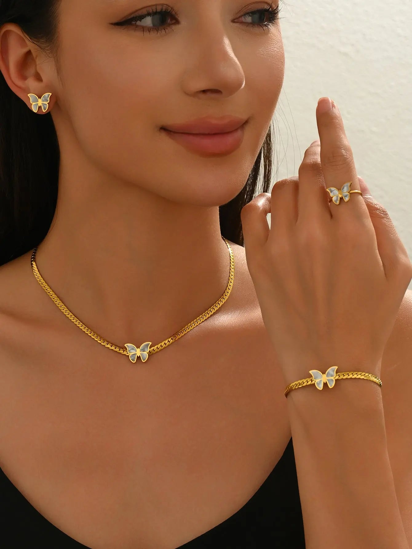 Lxalry 18K Gold Plated Butterfly Jewelry Set With Mirror Polish  Hypoallergenic Skin Safe 4PCS Necklace Earrings Bracelet Ring For Women, Never Fade Luxury Gift For Her CJ