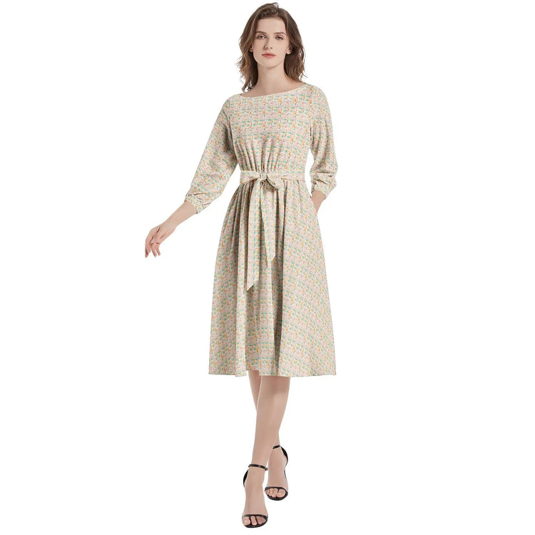 Floral AOP Pattern Summer Spring Boat Neck Belted Flared Dress Printy6