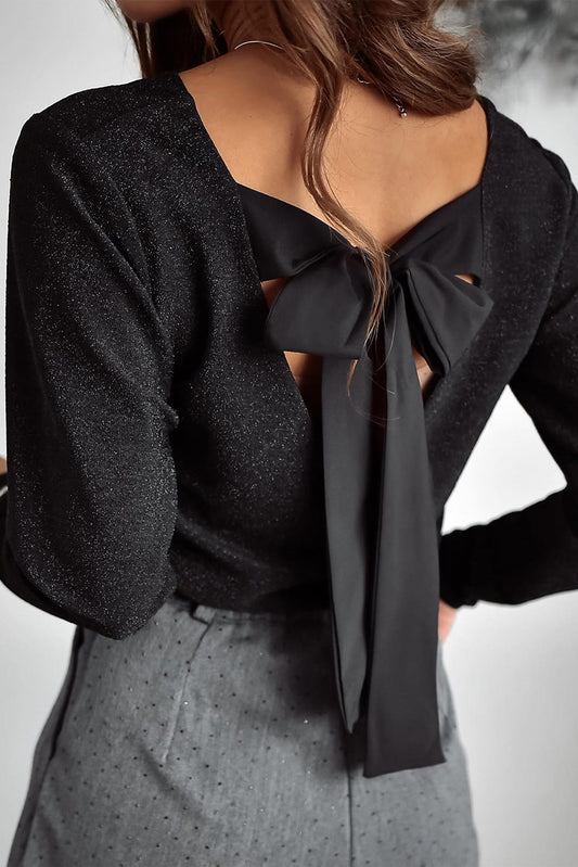 Women's Black Metallic Bowknot Open Back V Neck Top