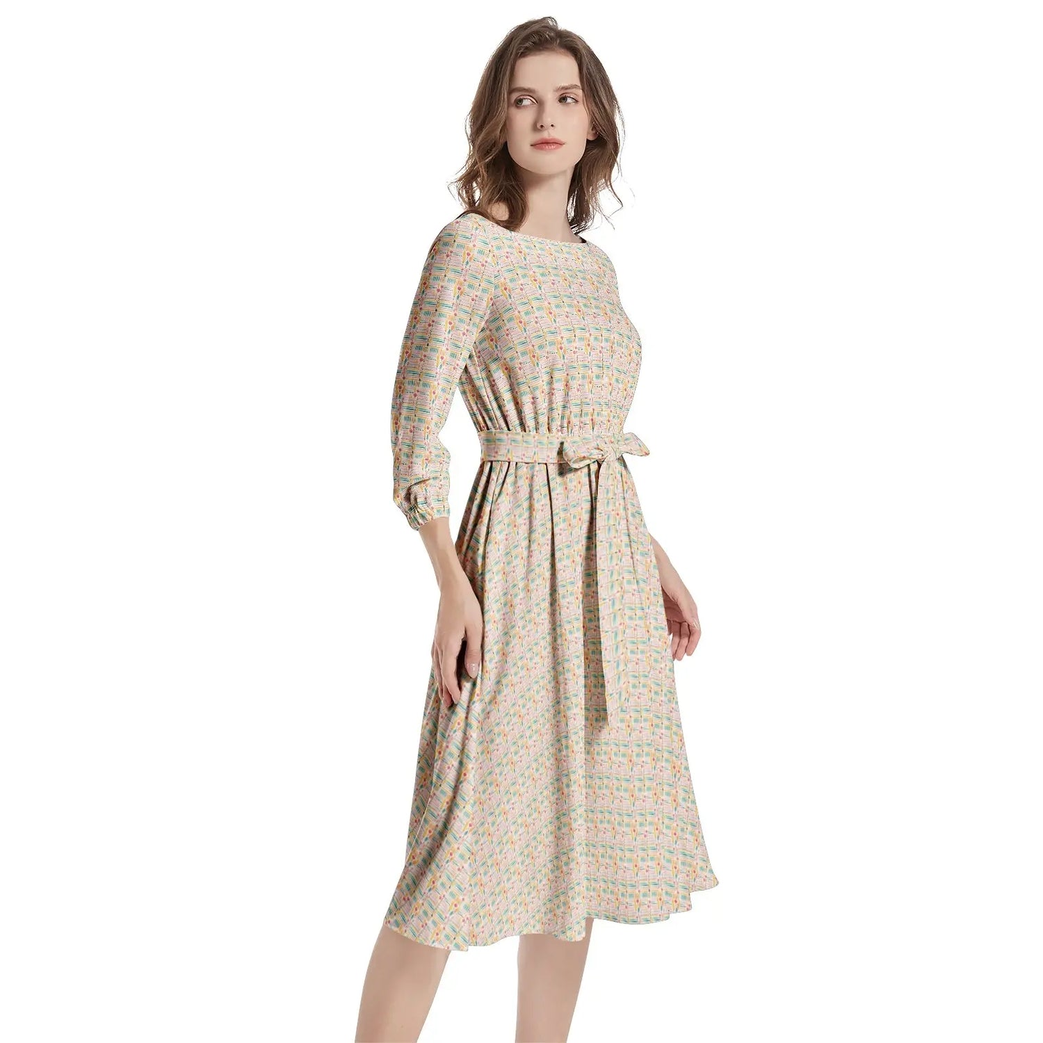 Floral AOP Pattern Summer Spring Boat Neck Belted Flared Dress Printy6