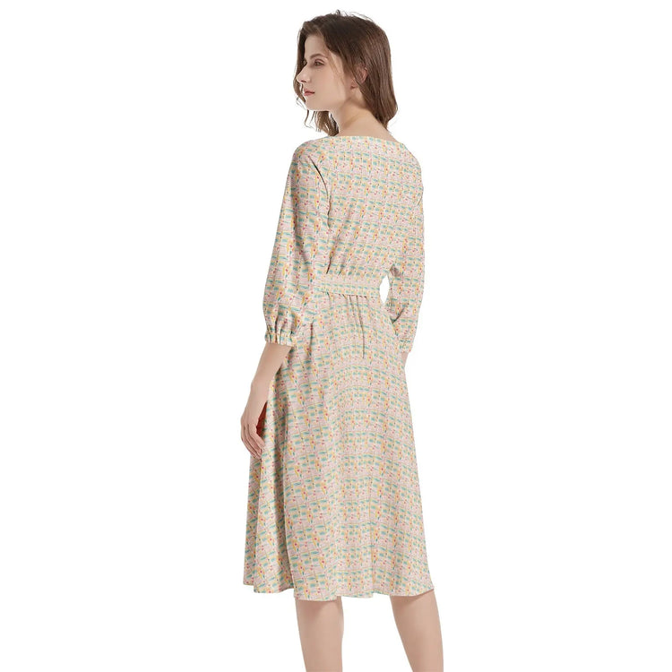 Floral AOP Pattern Summer Spring Boat Neck Belted Flared Dress Printy6