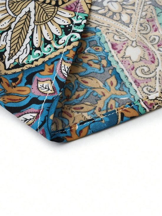 Women Print Maxi Dress High Waisted Cross Halter Neck With Tie Detail,Flowing Vacation Gown In Teal, Blue-Green & Brown Paisley   Pattern, Machine Washable, Summer Fashion Decorative Tie Detail The Aurora Touch