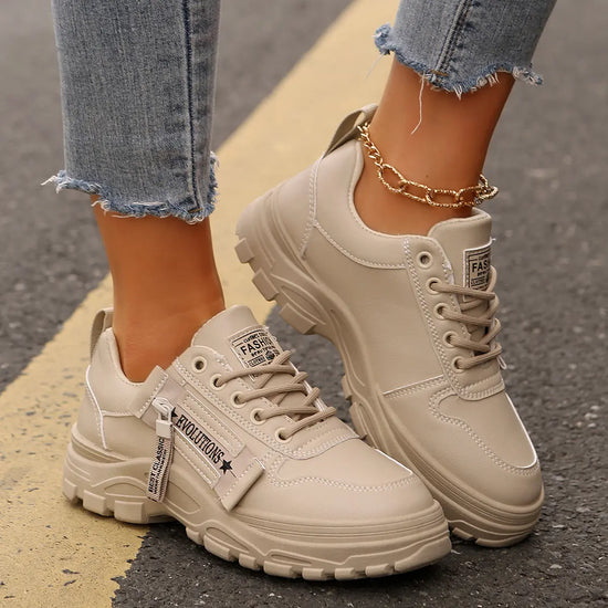 Lace-up Sports Shoes With Side-Zipper Design | Fashion Thick-soled Round-toe Casual Shoes For Women Sneakers CJ