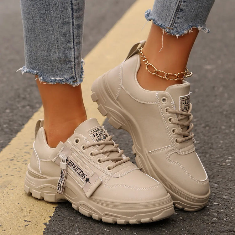 Lace-up Sports Shoes With Side-Zipper Design | Fashion Thick-soled Round-toe Casual Shoes For Women Sneakers CJ