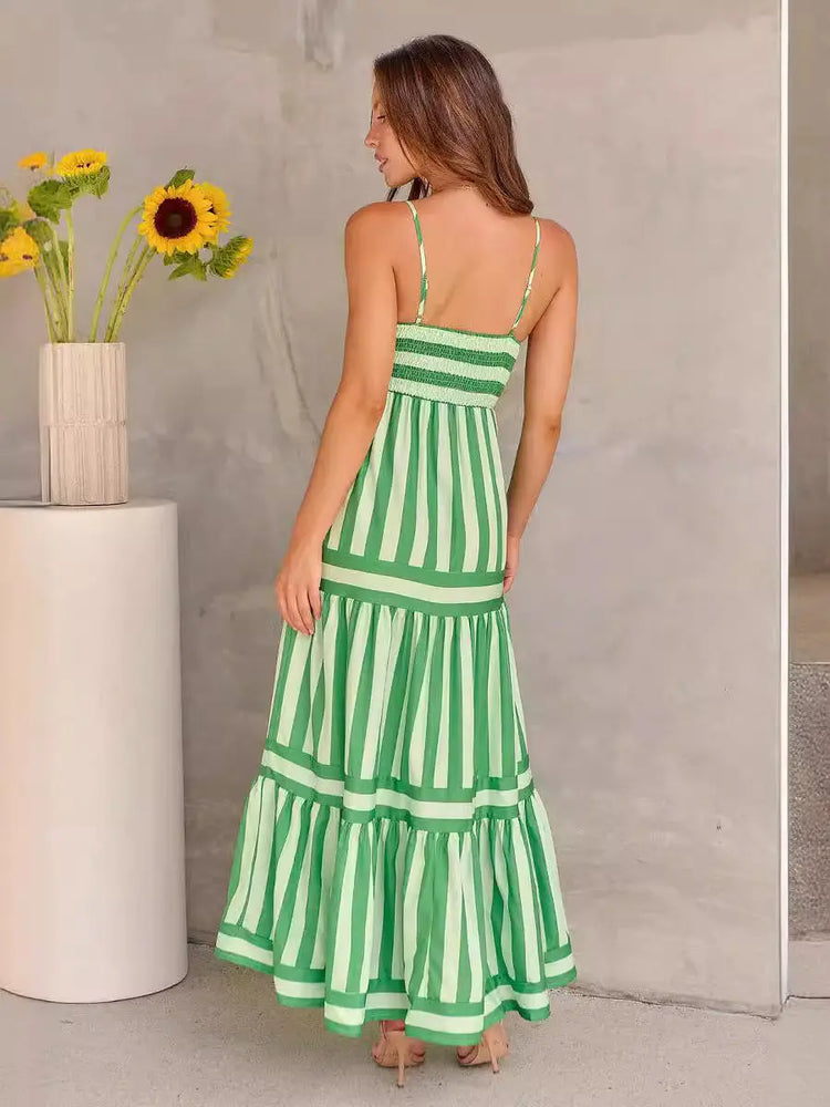 Summer Striped Printed Suspender Long Dress With Pockets | Fashion Square Neck Backless Dress The Aurora Touch