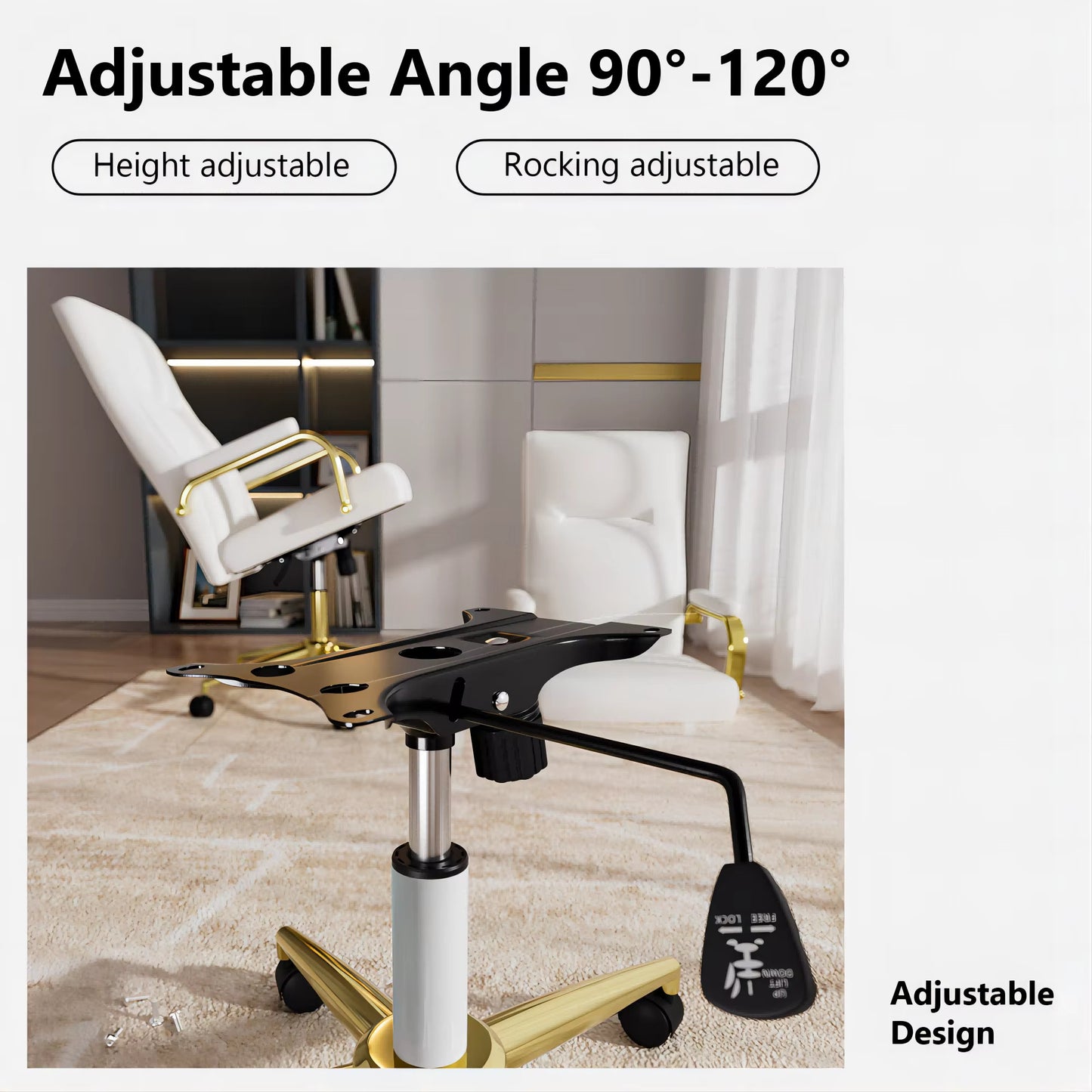 Executive Stylish White Leather Office Chair High Back with Gold Arms and Wheels | Excellent Back Support