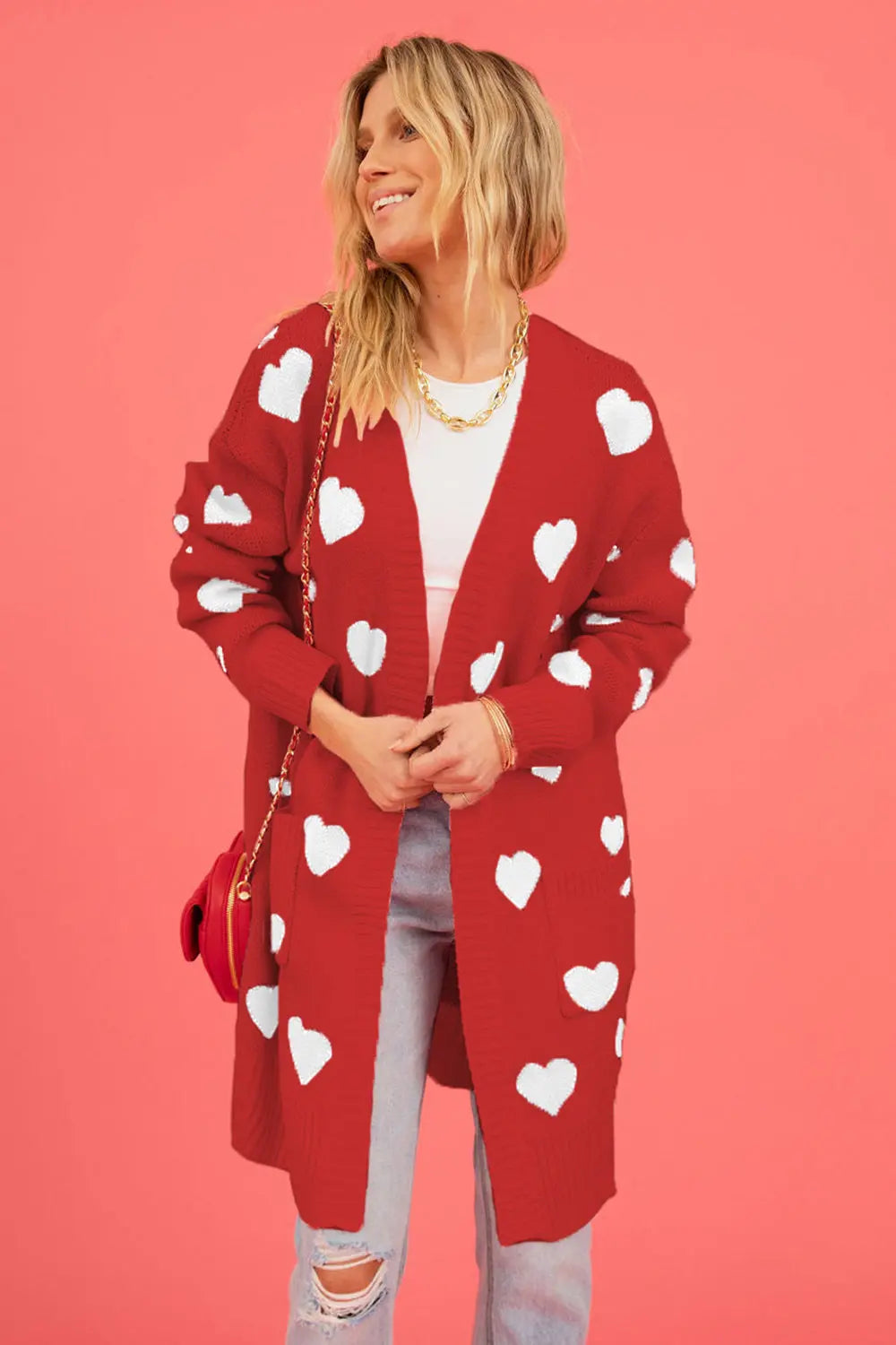 Heart Graphic Open Front Cardigan with Pockets The Aurora Touch