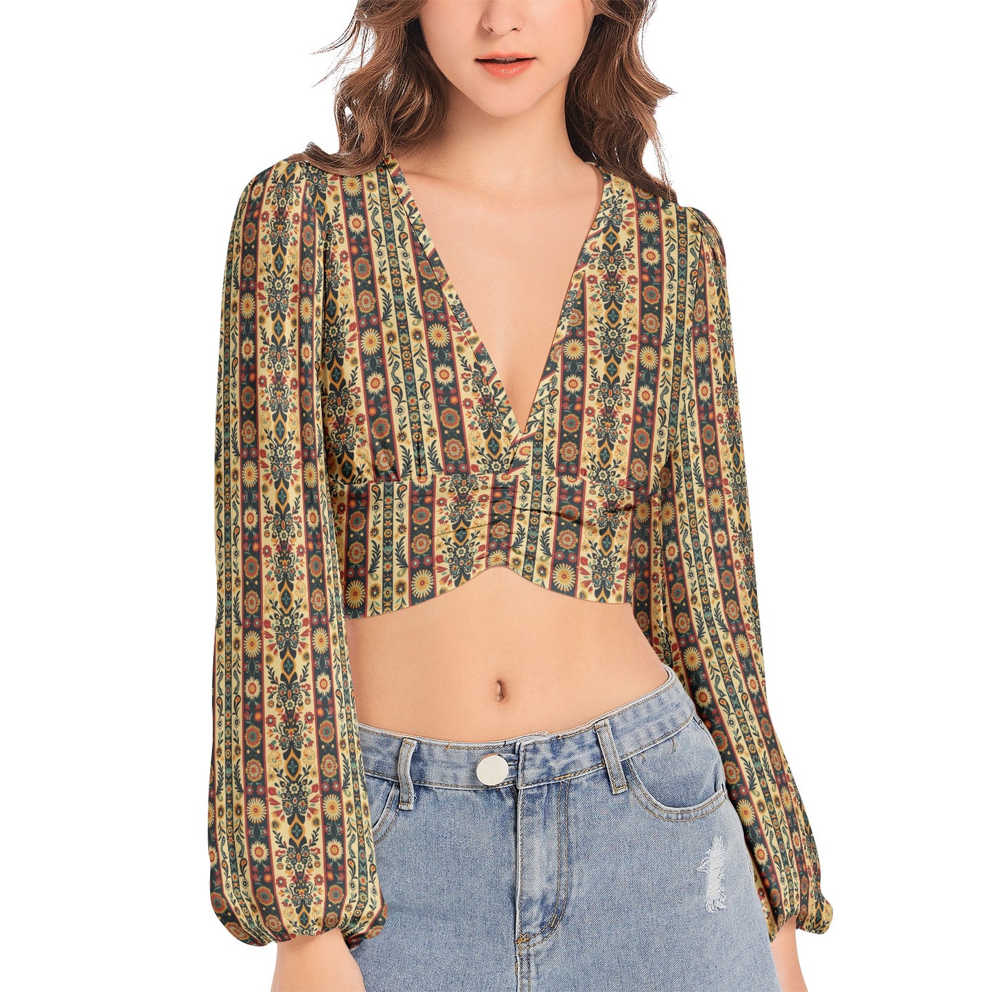 Women's Ethnic Floral Print Pattern Deep V-Neck Lantern Sleeve Crop Top