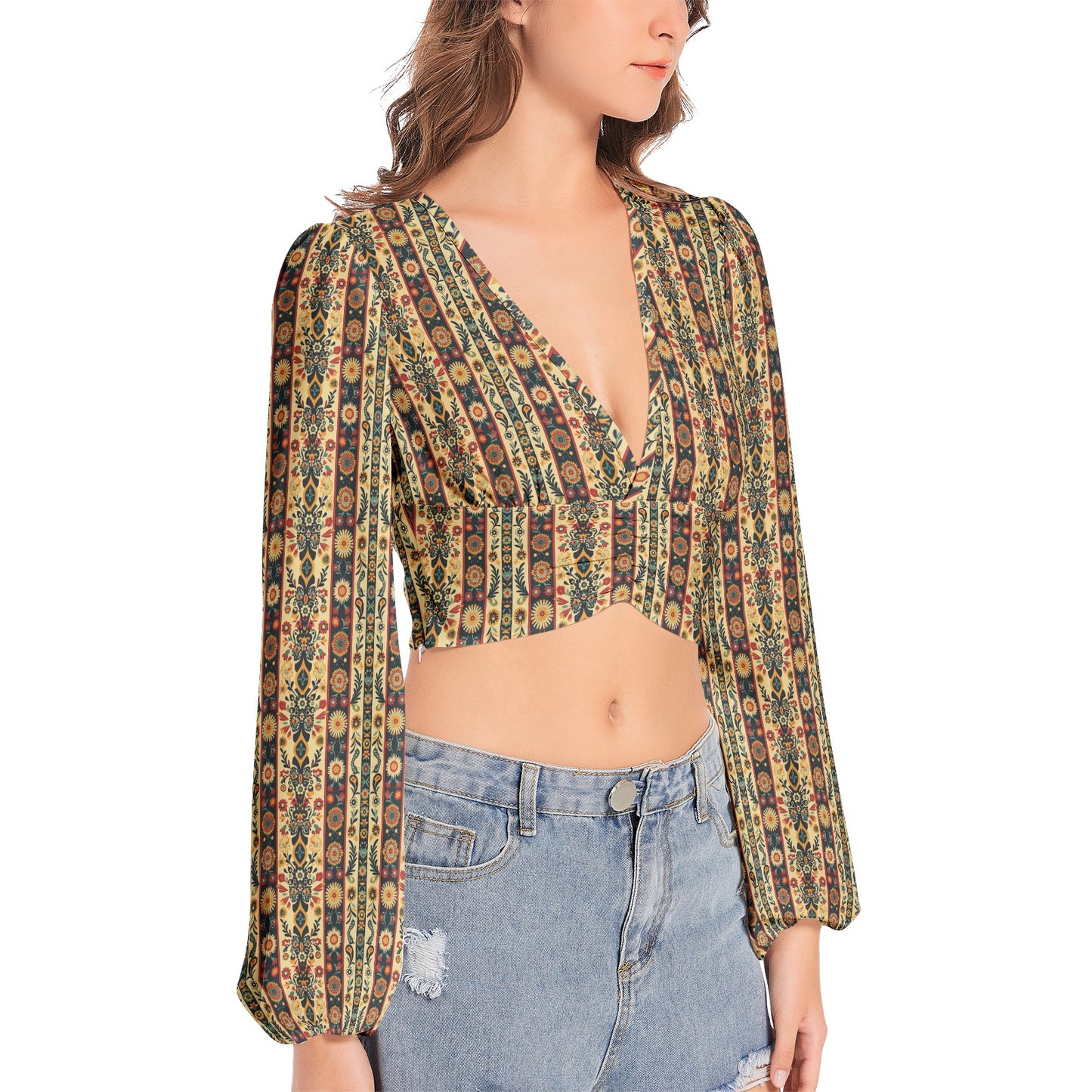 Women's Ethnic Floral Print Pattern Deep V-Neck Lantern Sleeve Crop Top