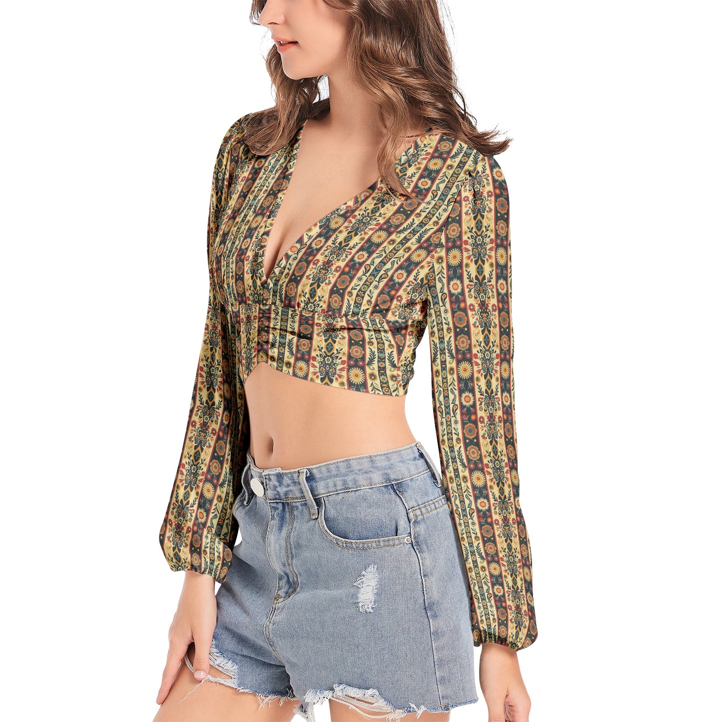 Women's Ethnic Floral Print Pattern Deep V-Neck Lantern Sleeve Crop Top
