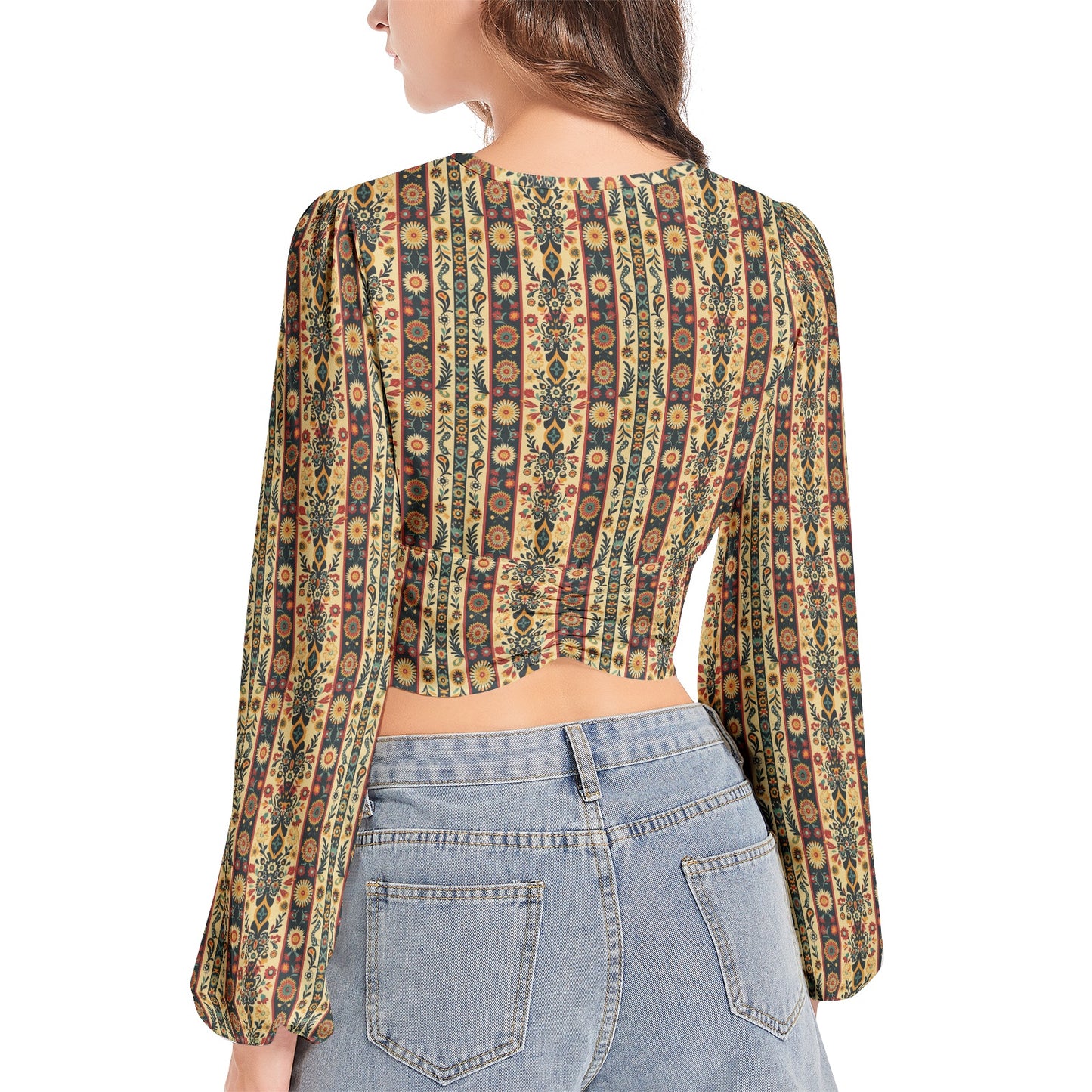 Women's Ethnic Floral Print Pattern Deep V-Neck Lantern Sleeve Crop Top