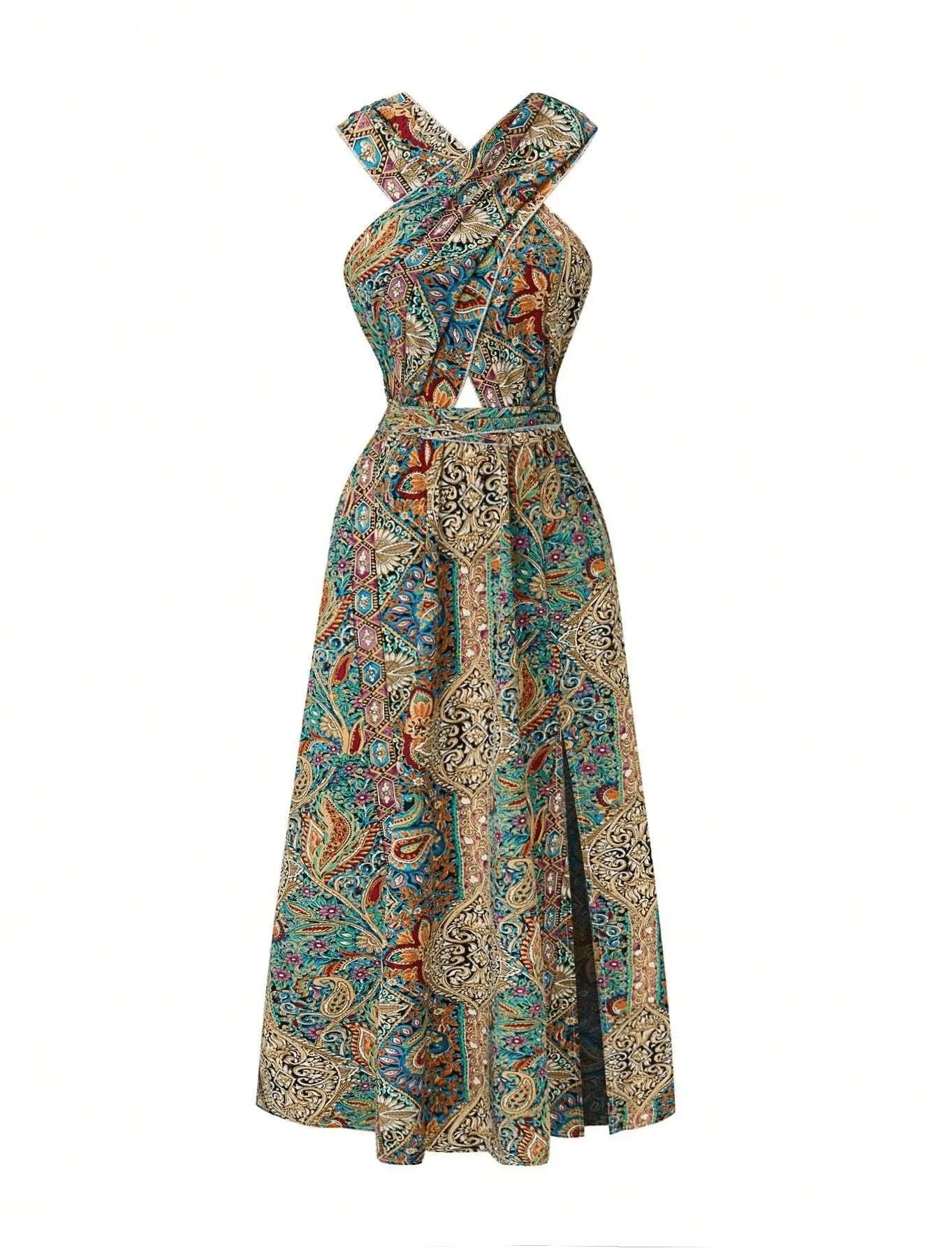 Women Print Maxi Dress High Waisted Cross Halter Neck With Tie Detail,Flowing Vacation Gown In Teal, Blue-Green & Brown Paisley   Pattern, Machine Washable, Summer Fashion Decorative Tie Detail The Aurora Touch