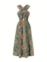Women Print Maxi Dress High Waisted Cross Halter Neck With Tie Detail,Flowing Vacation Gown In Teal, Blue-Green & Brown Paisley   Pattern, Machine Washable, Summer Fashion Decorative Tie Detail The Aurora Touch