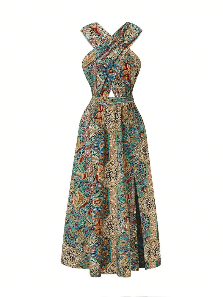 Women Print Maxi Dress High Waisted Cross Halter Neck With Tie Detail,Flowing Vacation Gown In Teal, Blue-Green & Brown Paisley   Pattern, Machine Washable, Summer Fashion Decorative Tie Detail The Aurora Touch