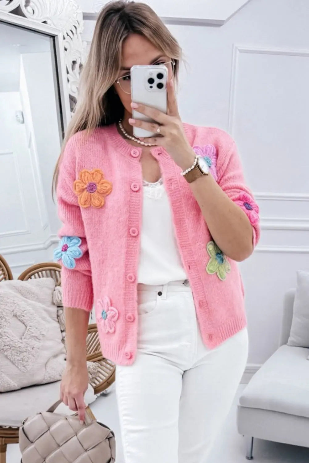 Pink Knitted Floral Pattern Button Up Cardigan - The Aurora Touch