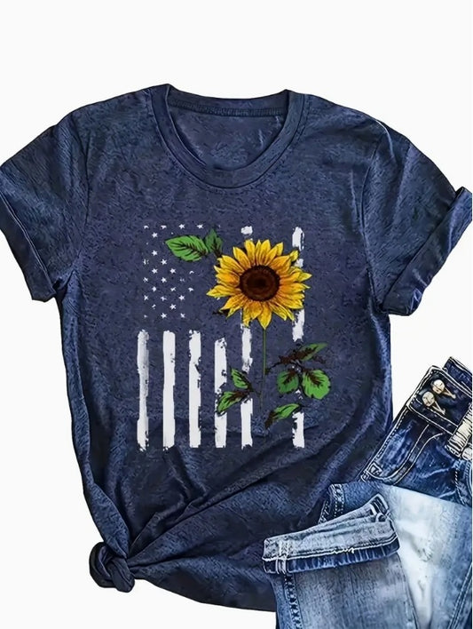 Plus Size American Flag - Printed Round Neck T-Shirt - Casual And Loose - Daily Wear - Women's Clothing